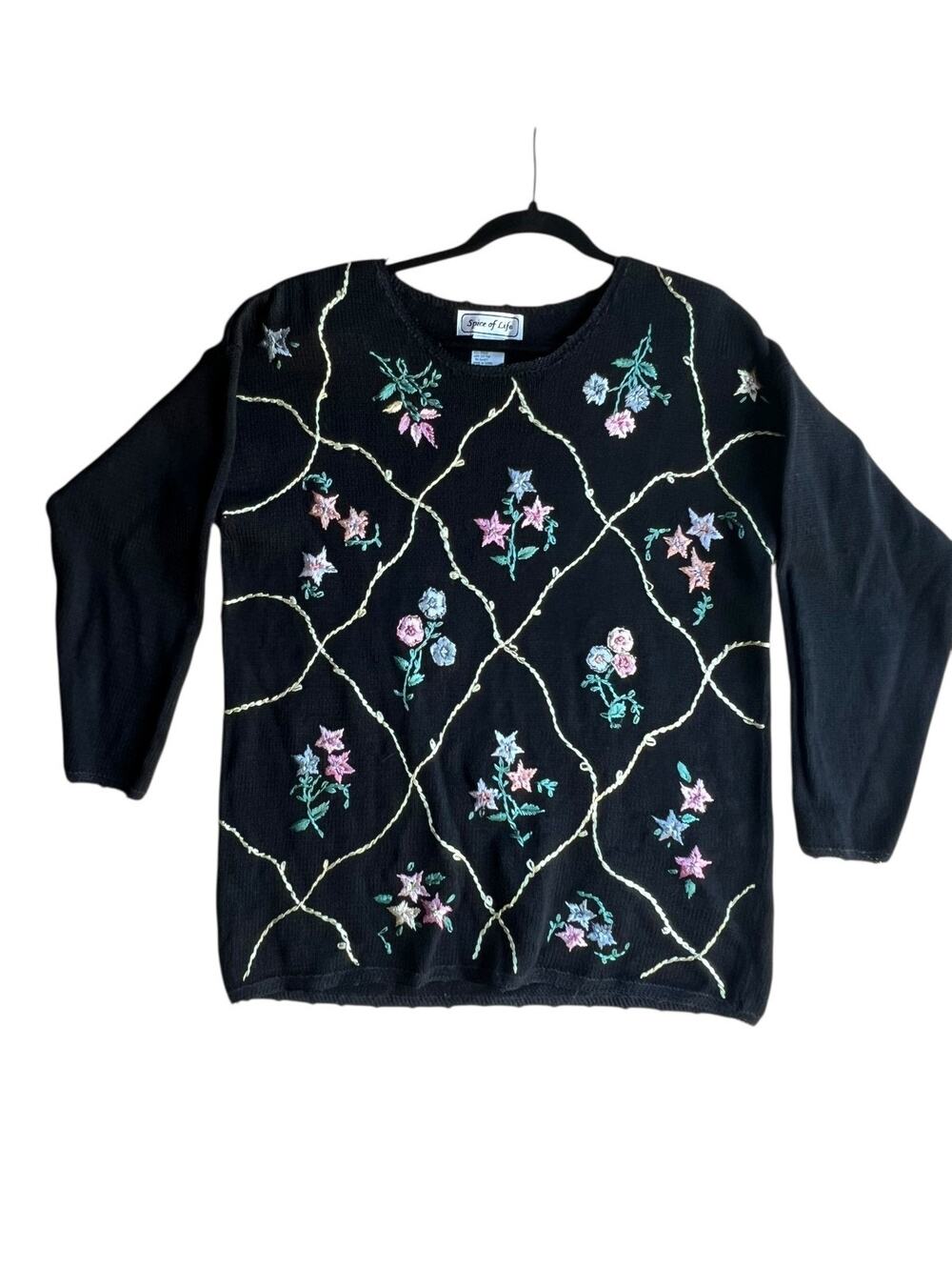 Spice of Life Vintage Women's Sweater Floral Embroidered Knit Black Size Small